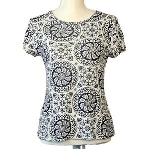 TALBOTS Sz SP Black & White Pima Cotton Fitted T-Shirt Medallion Pattern Classic